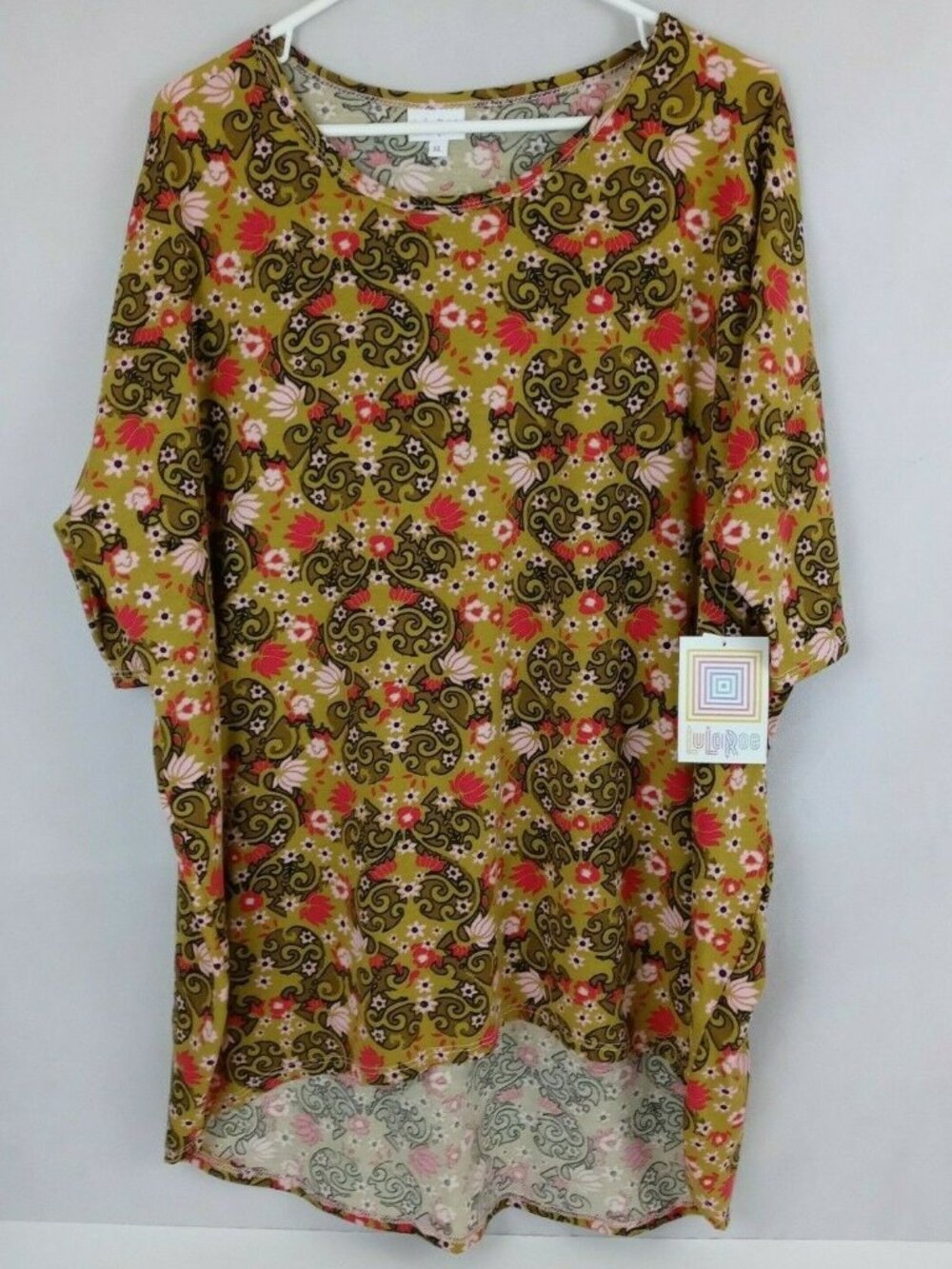 NWT Lularoe Irma Tunic Green With Pink Floral Design Size XL
